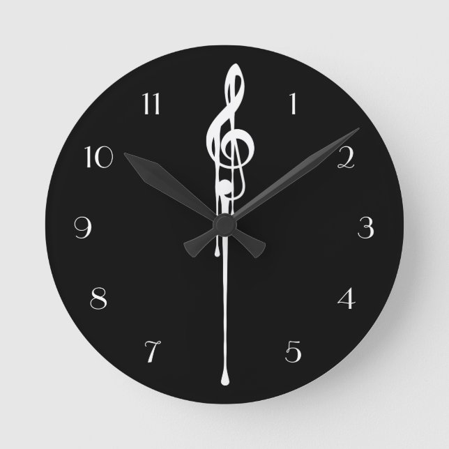 MELTPOINT BLACK White G-Clef Custom Numbers Round Clock (Front)