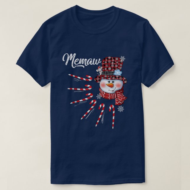 Memaw Snowman Candy Cane Christmas Red Plaid Hat 7 T-Shirt (Design Front)