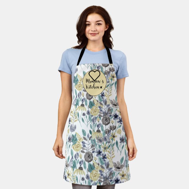 Memaw's Kitchen Gray Yellow Floral Watercolor Apron (Worn)