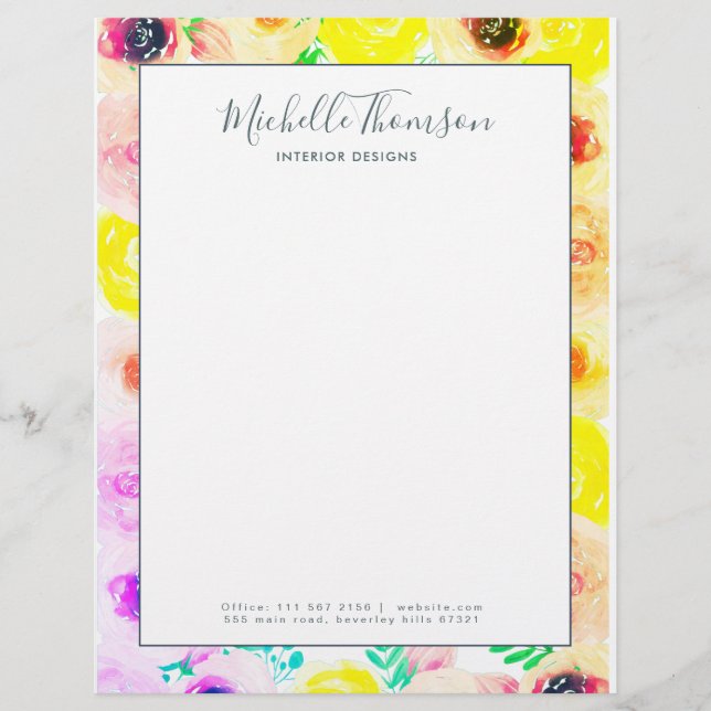 Membrete Watercolor pink indigo blue fashion Letterhead (Front)