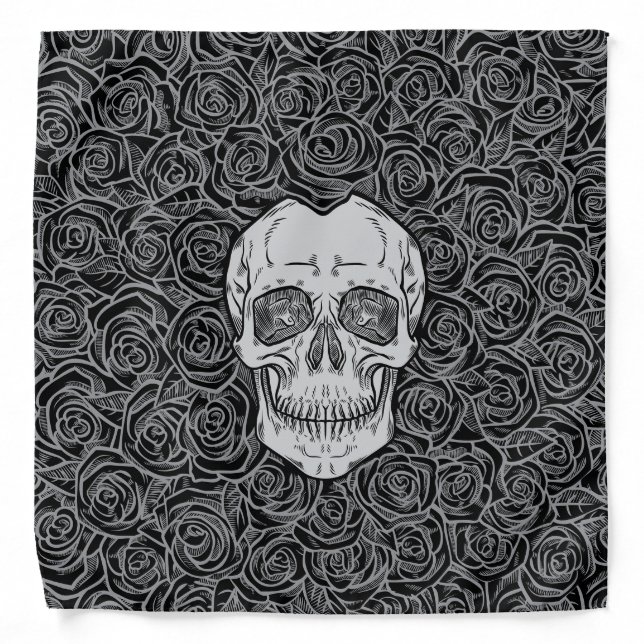Memento Mori! Skull and Roses, Hand Drawn Bandana (Front)