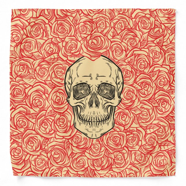 Memento Mori! Skull and Roses, Hand Drawn Bandana (Front)