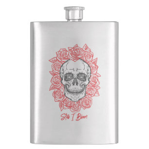 Memento Mori! Skull and Roses, Hand Drawn Flask