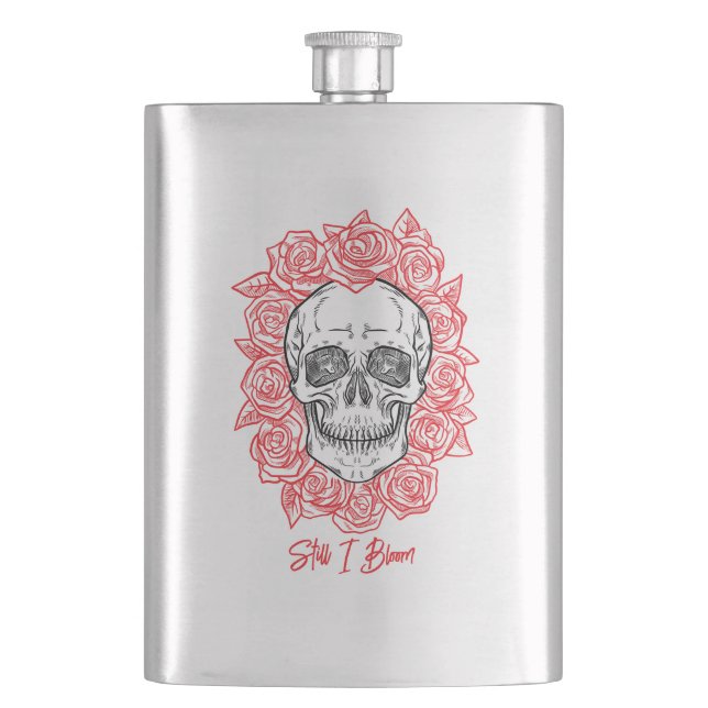 Memento Mori! Skull and Roses, Hand Drawn Flask (Front)