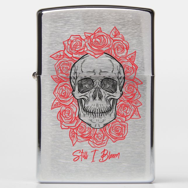 Memento Mori! Skull and Roses, Hand Drawn Zippo Lighter (Front)