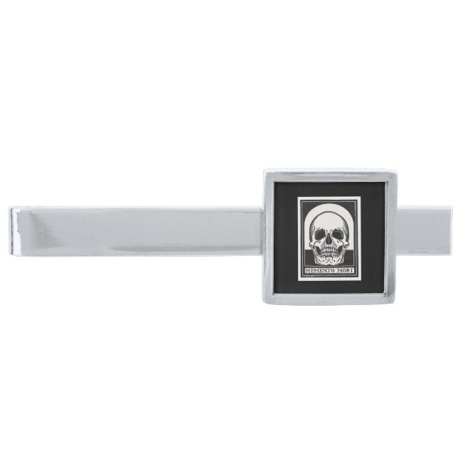 Memento Mori Skull Art Silver Finish Tie Bar (Front)