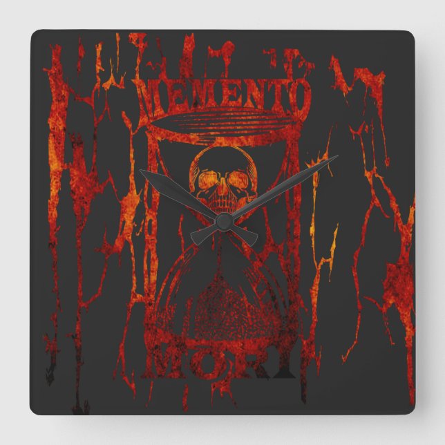 Memento mori skull hourglass square wall clock (Front)