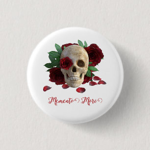 Memento Mori. Skull with red roses Button