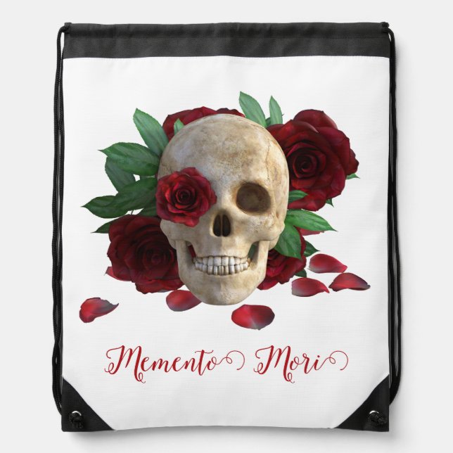 Memento Mori. Skull with red roses Drawstring Bag (Front)