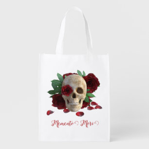 Memento Mori. Skull with red roses Grocery Bag
