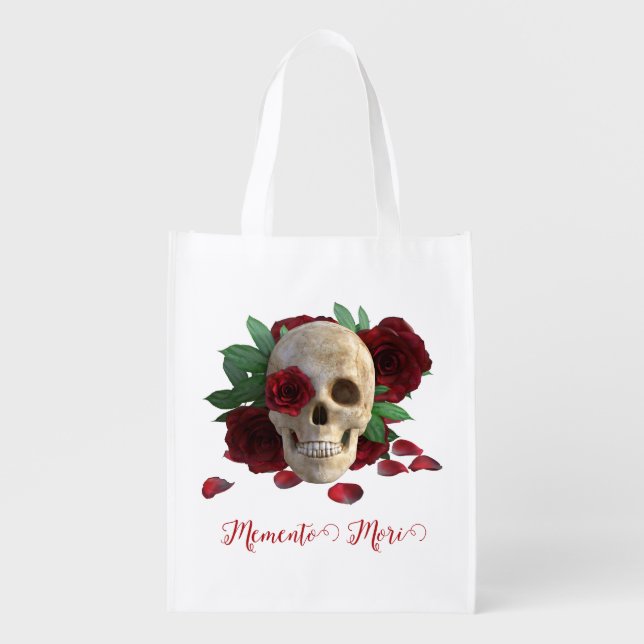Memento Mori. Skull with red roses Grocery Bag (Front)