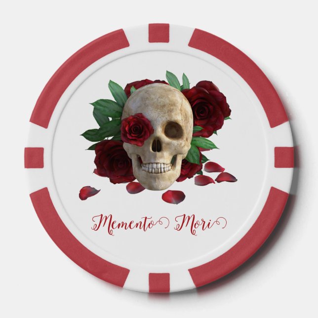 Memento Mori. Skull with red roses Poker Chips (Front)