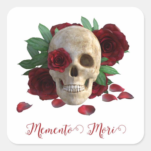 Memento Mori. Skull with red roses Square Sticker (Front)