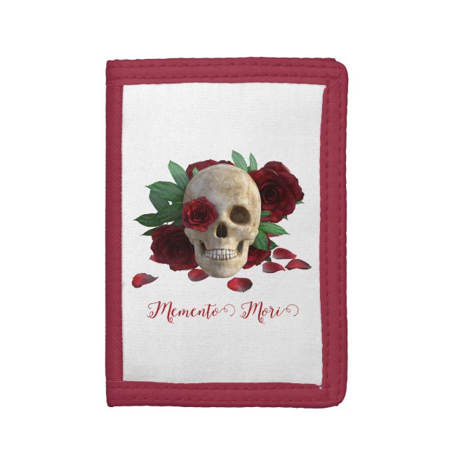 Memento Mori. Skull with red roses Trifold Wallet (Front Vertical)