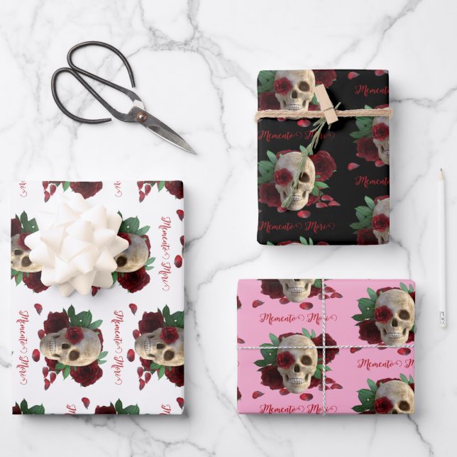 Memento Mori. Skull with red roses Wrapping Paper Sheets (Front)