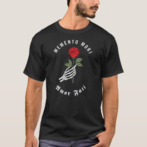 Memento Mori T_Shirt with Rose and Skeleton Hand