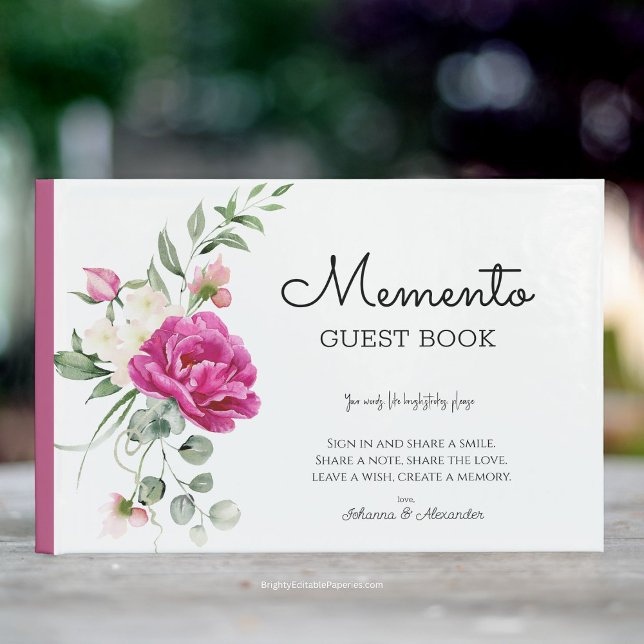 Memento Wedding Guest Book  Pink Rose Peony Blooms (Sign in, Share a Smile: Elegant Rose & Peony Guest Book!)