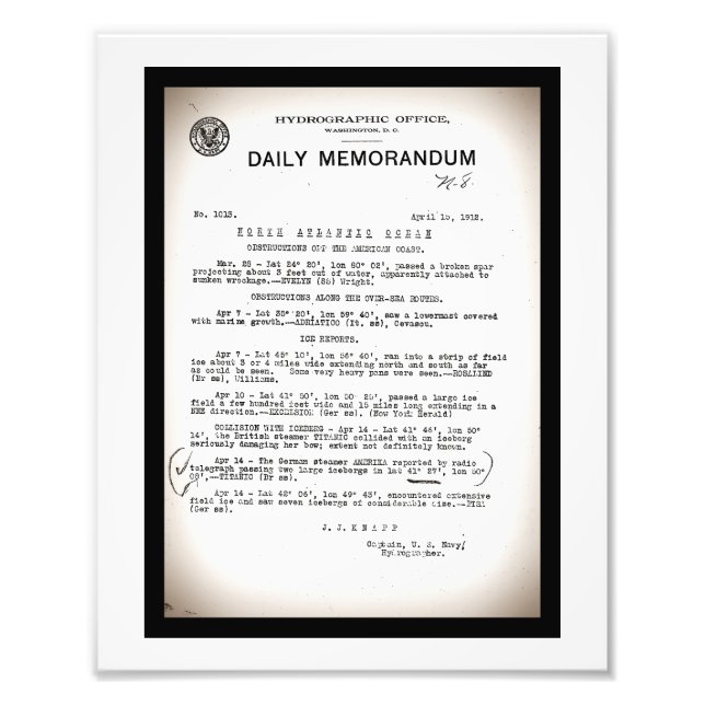 Memo from Hydrographic Office Titanic Disaster Photo Print (Front)