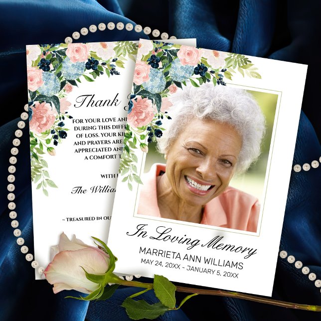 Memoiral Elegant Blue Pink Rose Floral Photo Thank You Card (In Loving Memory Watercolor Floral Photo Thank You card)