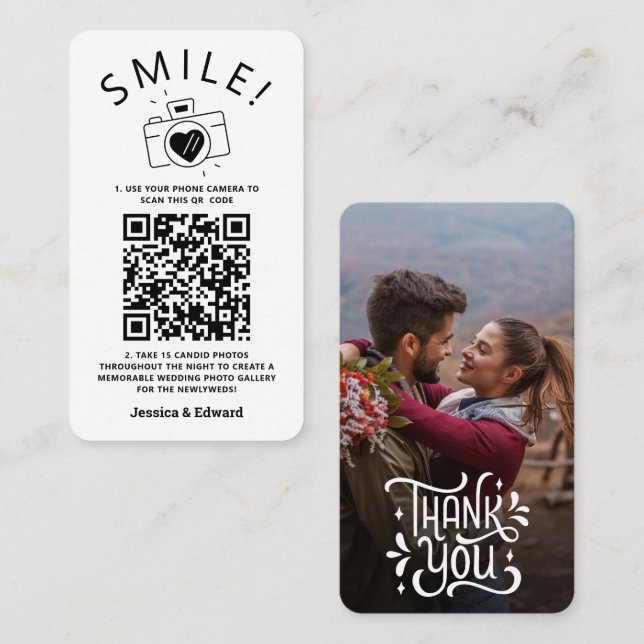 Memorable Photos Qr Code Black Chic Modern Wedding Place Card (Front/Back)