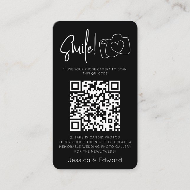 Memorable Photos Qr Code Black Chic Modern Wedding Place Card (Front)