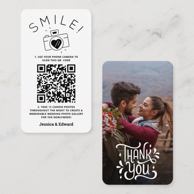 Memorable Photos Qr Code Black Chic Modern Wedding Place Card (Front/Back)