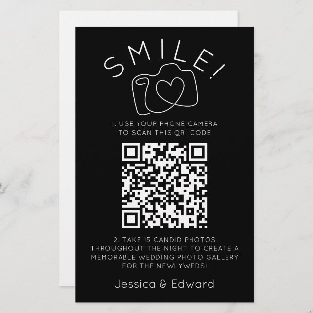 Memorable Photos Qr Code Black Chic Modern Wedding Stationery (Front/Back)