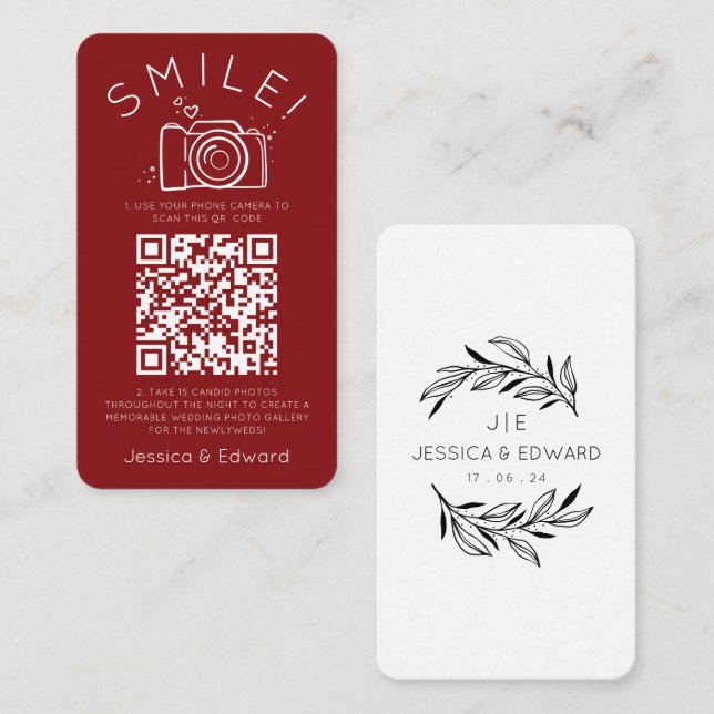 Memorable Photos Qr Code Red White Modern Wedding Place Card (Front/Back)