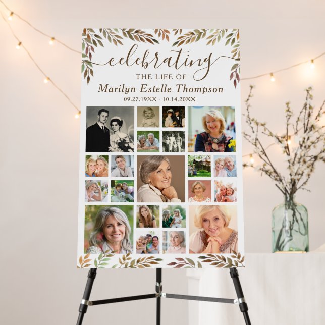 Memorial 21 Photo Collage Autumn Botanical Script Foam Board (In Situ (Stand))