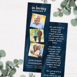 Memorial 3 Photo Blue Funeral Prayer Bookmark