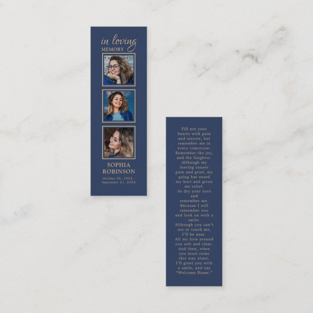 Memorial 3 Photo Funeral Blue Prayer Bookmark Card (Front/Back)
