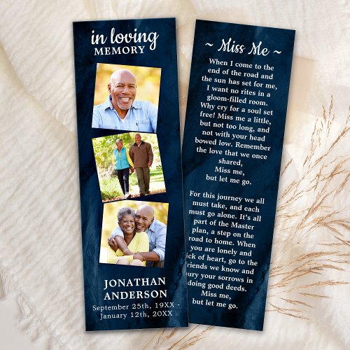Memorial 3 Photo Funeral Prayer Bookmark Blue