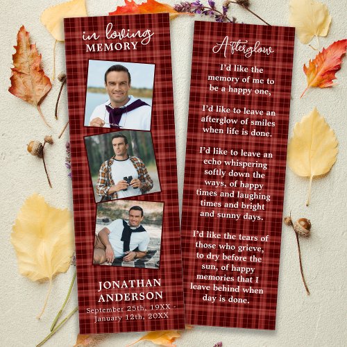 Memorial 3 Photo Funeral Prayer Bookmark Plaid