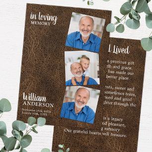 Memorial 3 Photo Funeral Prayer Card Leather