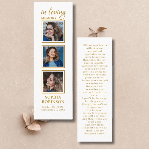 Memorial  3 Photo Gold Funeral Prayer Bookmark