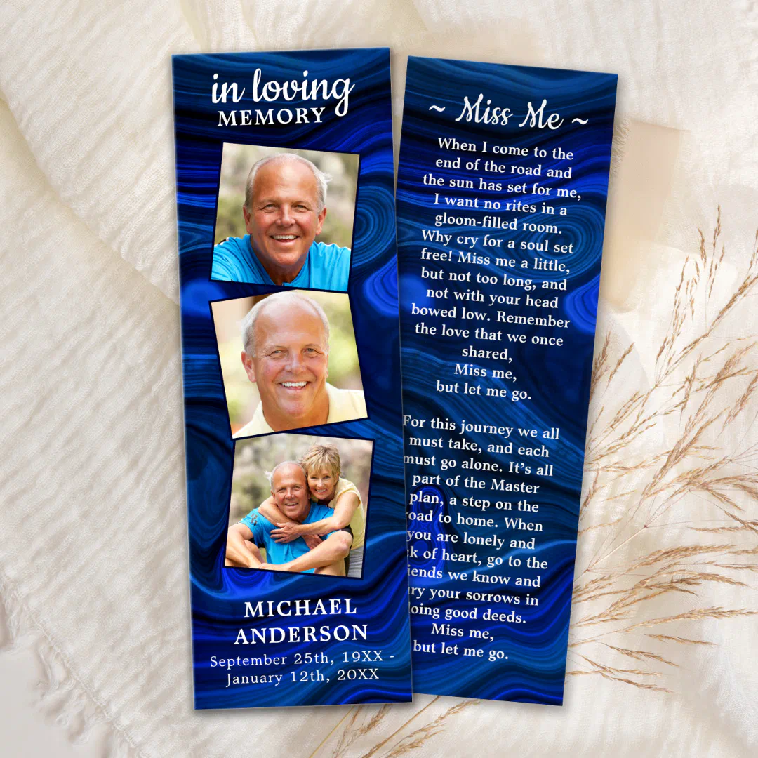 Memorial 3 Photo Poem Funeral Prayer Bookmark Blue (Creator Uploaded)