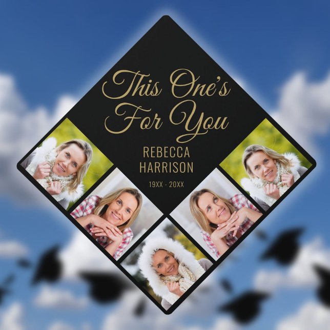 Memorial 5 Photo Collage Black And Gold Graduation Cap Topper (Creator Uploaded)