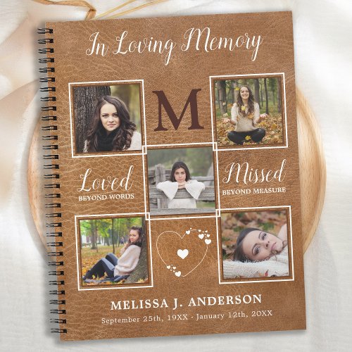 Memorial 5 Photo Collage Leather Funeral Guestbook Notebook