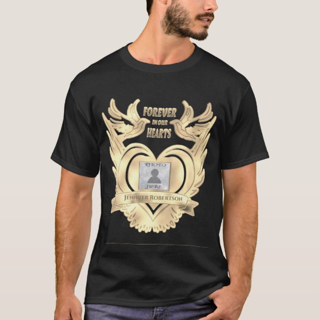 Memorial | Add Photo with Angel Wings, Heart Doves T-Shirt (Front)