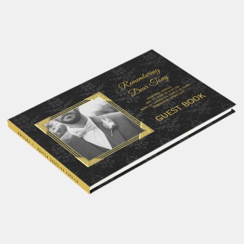 Memorial Add Your Photo Black Damask Gold Frame Guest Book