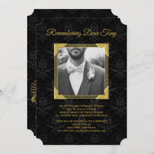 Memorial Add Your Photo Black Damask Gold Frame Invitation