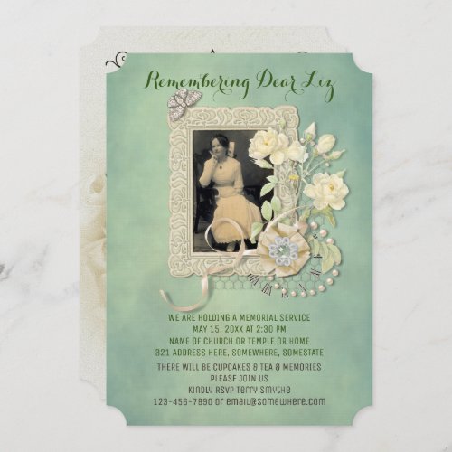 Memorial Add Your Photo Butterfly Roses Pearls Invitation