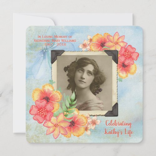 Memorial Add Your Photo Watercolor Flowers Stripes Invitation