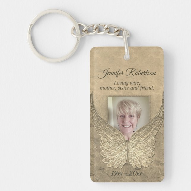 Memorial Angel Wings Add Photo Gold Keychain (Front)