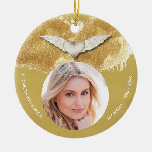 Memorial Angel Wings Keepsake Photo Ceramic Ornament