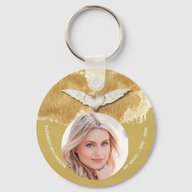 Memorial Angel Wings Keepsake Photo Keychain (Front)