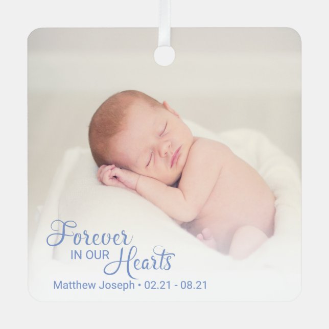 Memorial Baby Boy Photo Forever In Our Hearts Metal Ornament (Front)