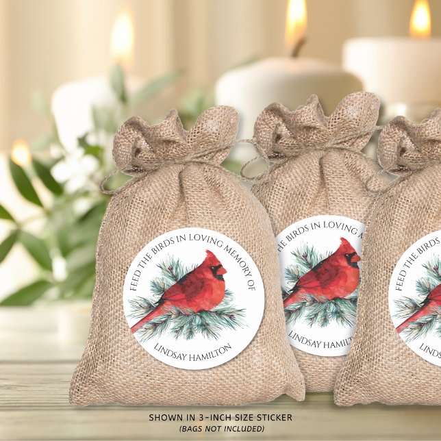 Memorial Bird Seed Watercolor Cardinal Pine Favor Classic Round Sticker (Creator Uploaded)