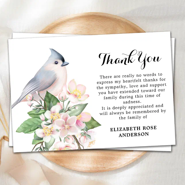 Memorial Bird Watercolor Floral Sympathy Funeral Thank You Card | Zazzle