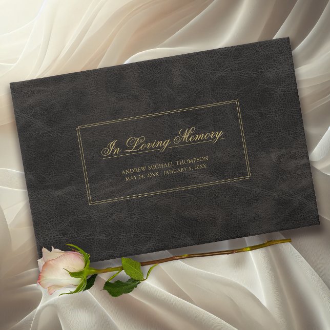 Memorial Black Leather Gold Script Funeral Guest Book (In Loving Memory Faux Black Leather and Gold Funeral Guestbook.)